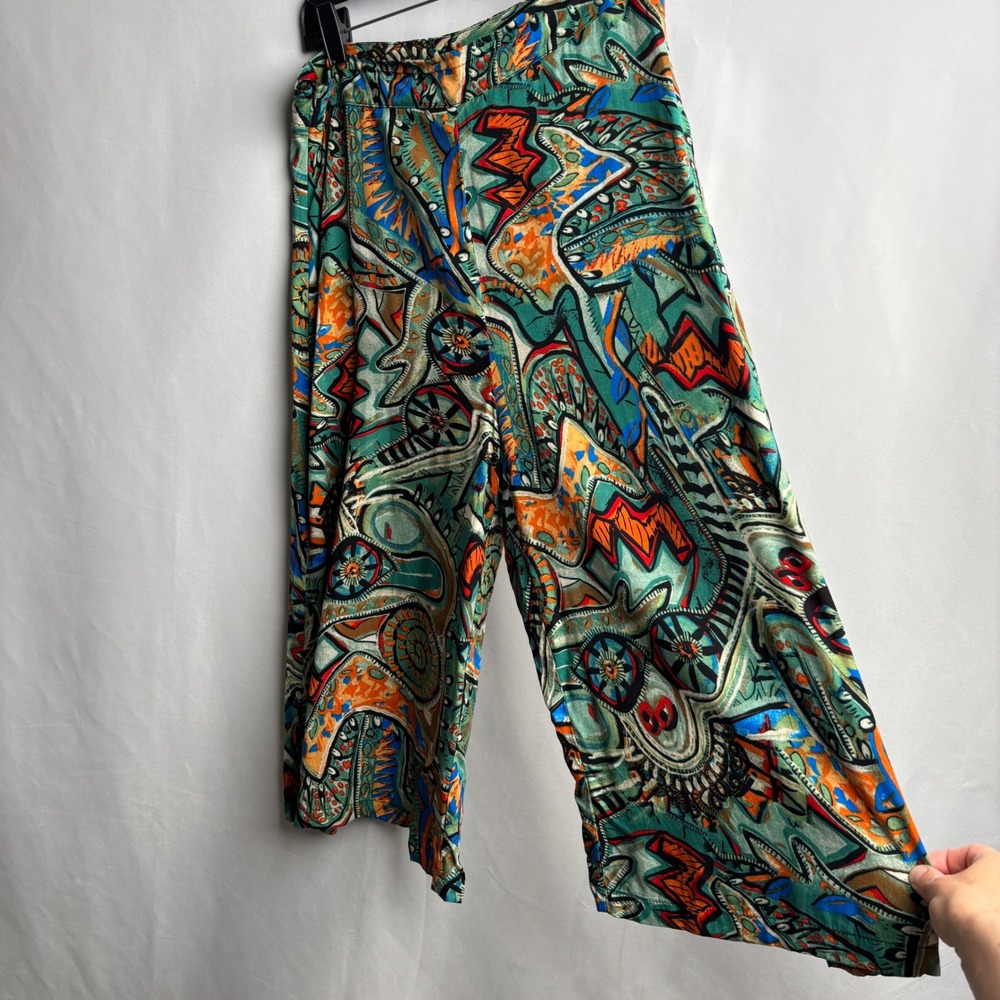 Emery‎ Rose Womens Abstract Psychedelic Print Wide Leg Crop Pants Green Orange M